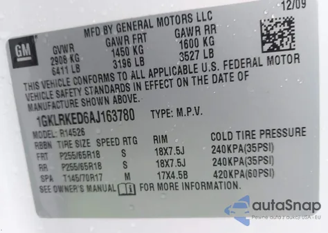 2010 GMC Acadia Sl z USA, uszkodzony, nr VIN 1GKLRKED6AJ163780